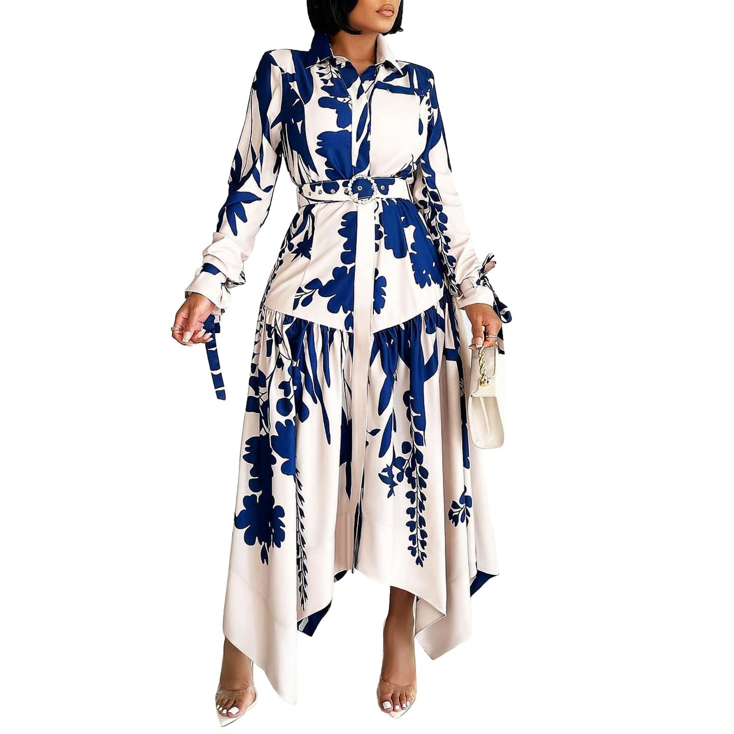 Brand New Collection 2024-2025 Lapel Lace-up Waist-controlled Slimming Asymmetric Skirt Dress