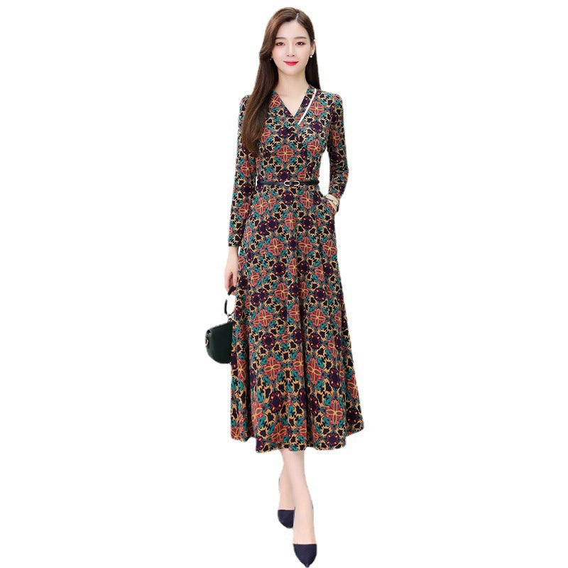 Brand New 2025 Elegant Autumn Winter Printed V-neck Long Sleeve Dress