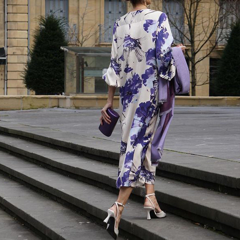 Fashion Temperament Printed Vacation V-neck Mid-length Dress