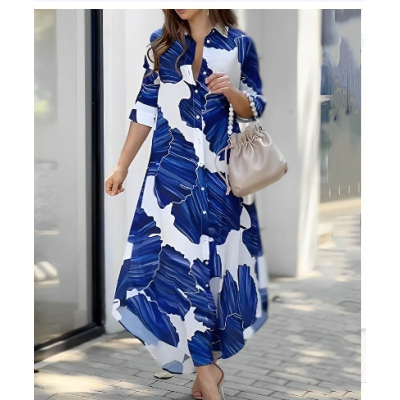 Blue Printed Loose Casual Dress