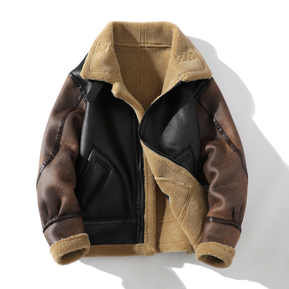Winter Leather And Fur Jacket Men's Loose Lapels Color Matching Lamb Wool Velvet Padded Thickened Coat - FREE Laptop stand is offer