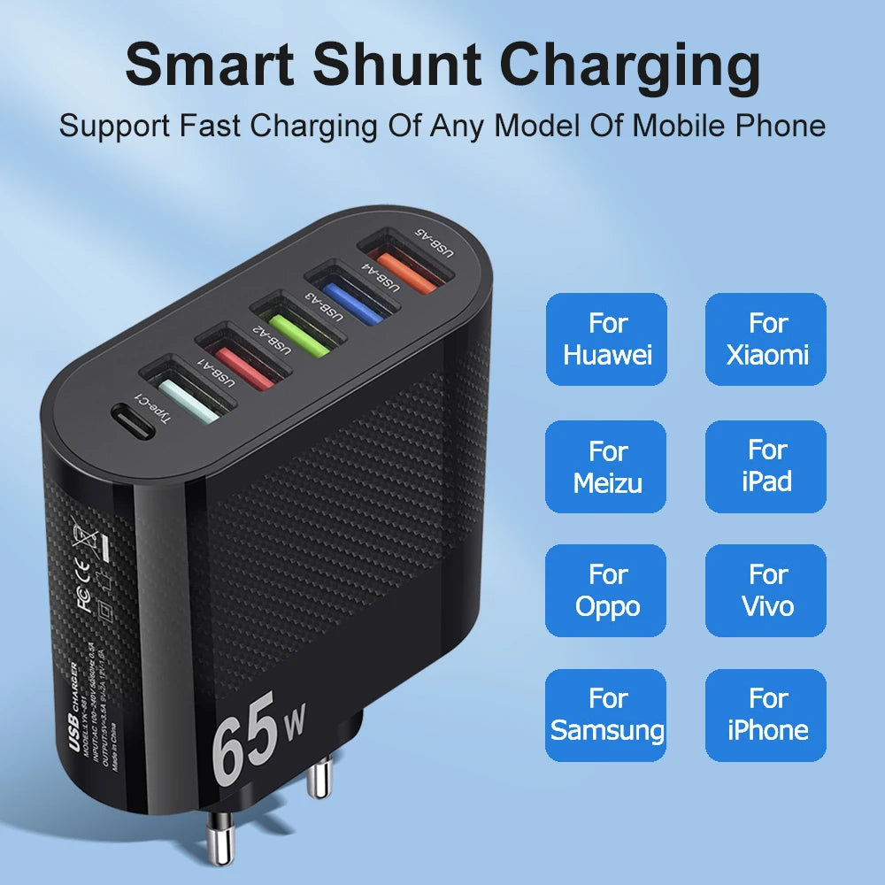 65W USB C Charger PD Fast Charging Universal Phone Charger Power Adapter for iPhone 15 14 Xiaomi Samsung EU US Wall Plug Charger BUY ONE GET A FREE LAPTOP STAND