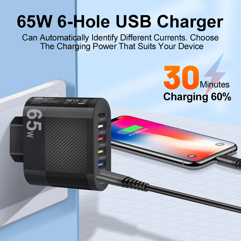 65W USB C Charger PD Fast Charging Universal Phone Charger Power Adapter for iPhone 15 14 Xiaomi Samsung EU US Wall Plug Charger BUY ONE GET A FREE LAPTOP STAND