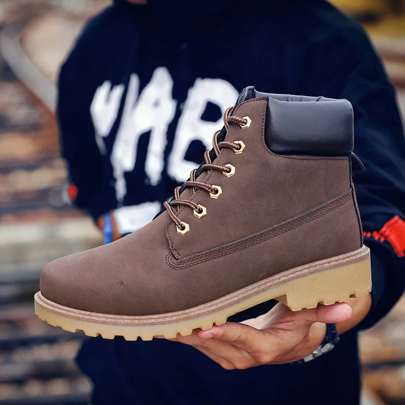 TINTINOS Winter Brown High Top Ankle Boots Men Outdoor Waterproof Leather Mens Motorcycle Boots Keep Warm Men's Work Boots Plus Size 46