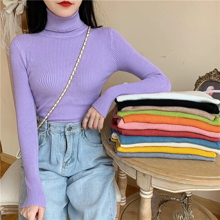 On Sale Autumn Winter 2024 Women Long Sleeve Knitted Foldover Turtleneck Ribbed Pull Sweater Soft Warm Femme Jumper Pullover Clothes