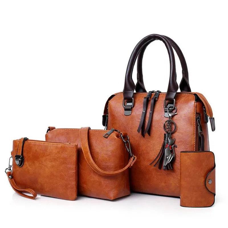AMAZONY 2024 , 4pcs/set Fashion Women's Bag Set Ladies Solid Color PU Leather Handbag Messenger Bag Shoulder Bag Wallet Bags