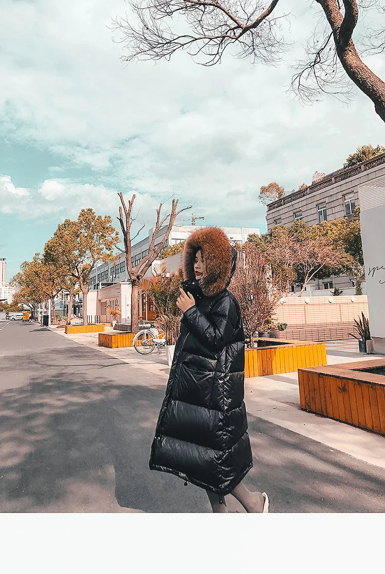 Amazony 2024- 2025 Women Winter Black Loose Long Down Jacket Real Fox Fur Collar Hooded Fashion Waterproof Female Extra Large Coat
