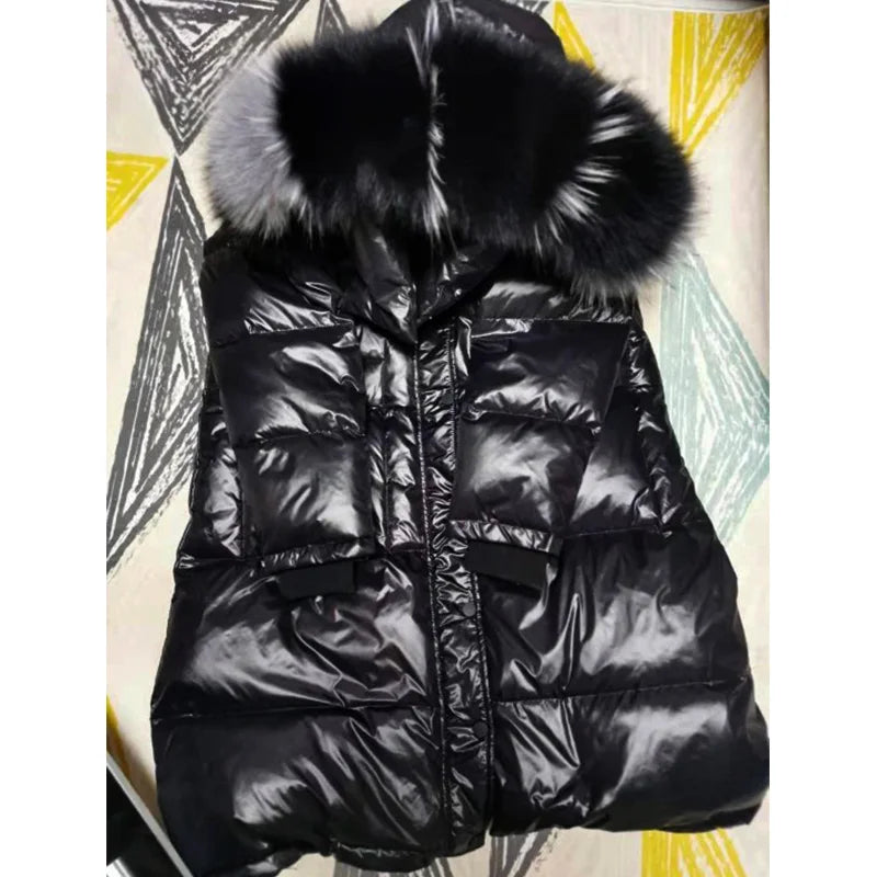 Amazony 2024- 2025 Women Winter Black Loose Long Down Jacket Real Fox Fur Collar Hooded Fashion Waterproof Female Extra Large Coat