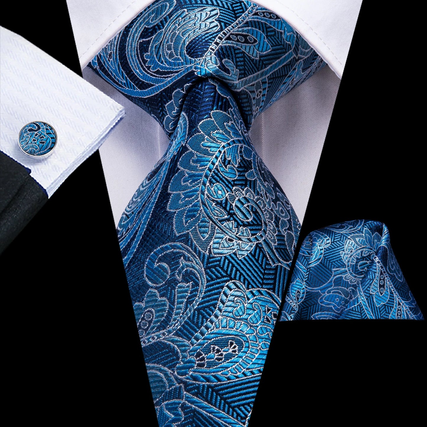 Brand New 2025 Hi-Tie Light Blue Striped Novelty Silk Wedding Tie For Men Handky Cufflinks Nicktie Set Fashion Design Business Party