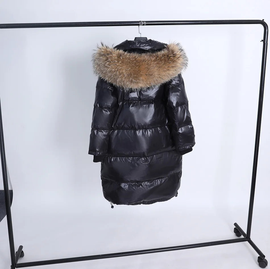 Amazony 2024- 2025 Women Winter Black Loose Long Down Jacket Real Fox Fur Collar Hooded Fashion Waterproof Female Extra Large Coat