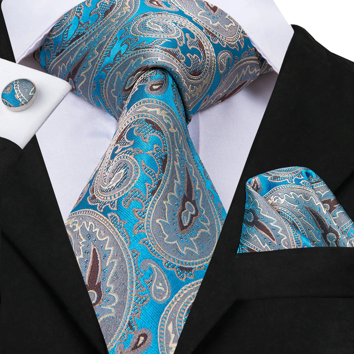 Brand New 2025 Hi-Tie Light Blue Striped Novelty Silk Wedding Tie For Men Handky Cufflinks Nicktie Set Fashion Design Business Party