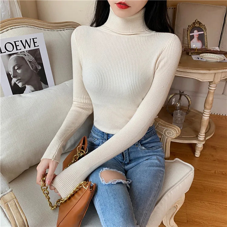 On Sale Autumn Winter 2024 Women Long Sleeve Knitted Foldover Turtleneck Ribbed Pull Sweater Soft Warm Femme Jumper Pullover Clothes