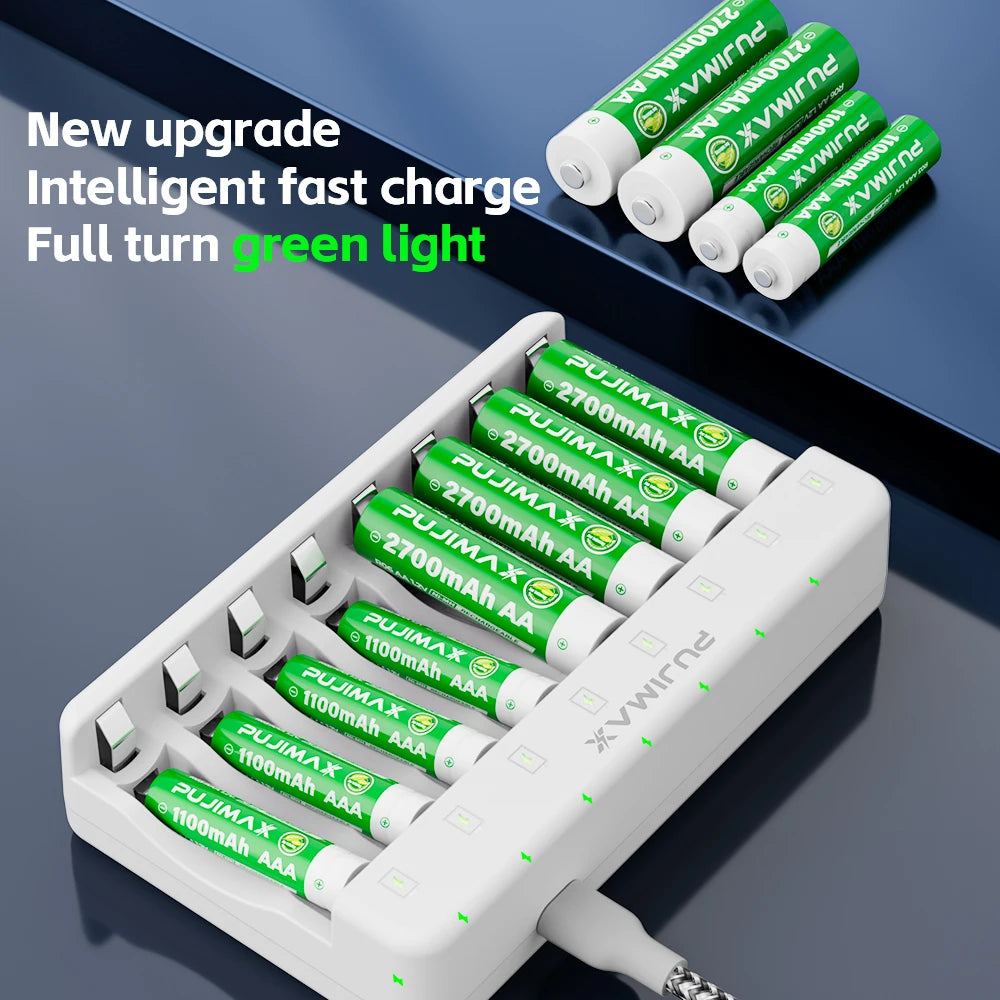 PUJIMAX 8 Slots AA AAA Battery Universal Charger Intelligent Full Turn Light NI-mh Battery Charger with Type-c Charging Port