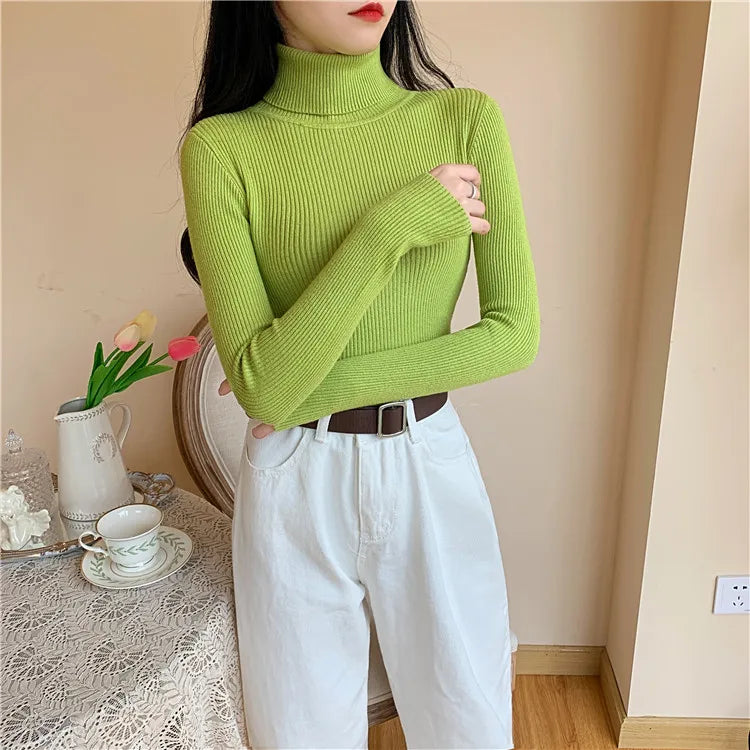 On Sale Autumn Winter 2024 Women Long Sleeve Knitted Foldover Turtleneck Ribbed Pull Sweater Soft Warm Femme Jumper Pullover Clothes
