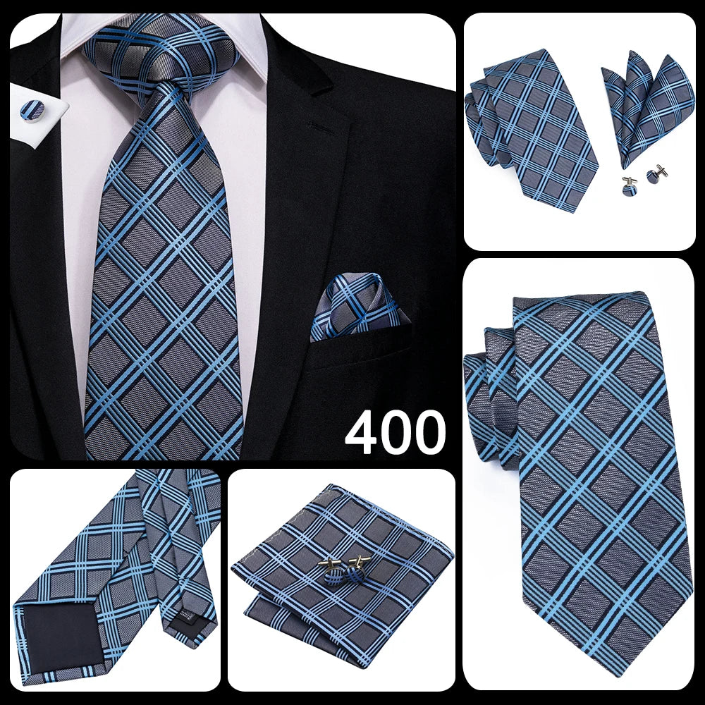 Brand New 2025 Hi-Tie Light Blue Striped Novelty Silk Wedding Tie For Men Handky Cufflinks Nicktie Set Fashion Design Business Party