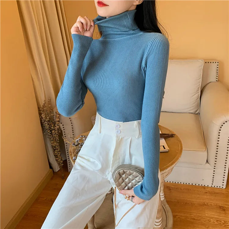 On Sale Autumn Winter 2024 Women Long Sleeve Knitted Foldover Turtleneck Ribbed Pull Sweater Soft Warm Femme Jumper Pullover Clothes