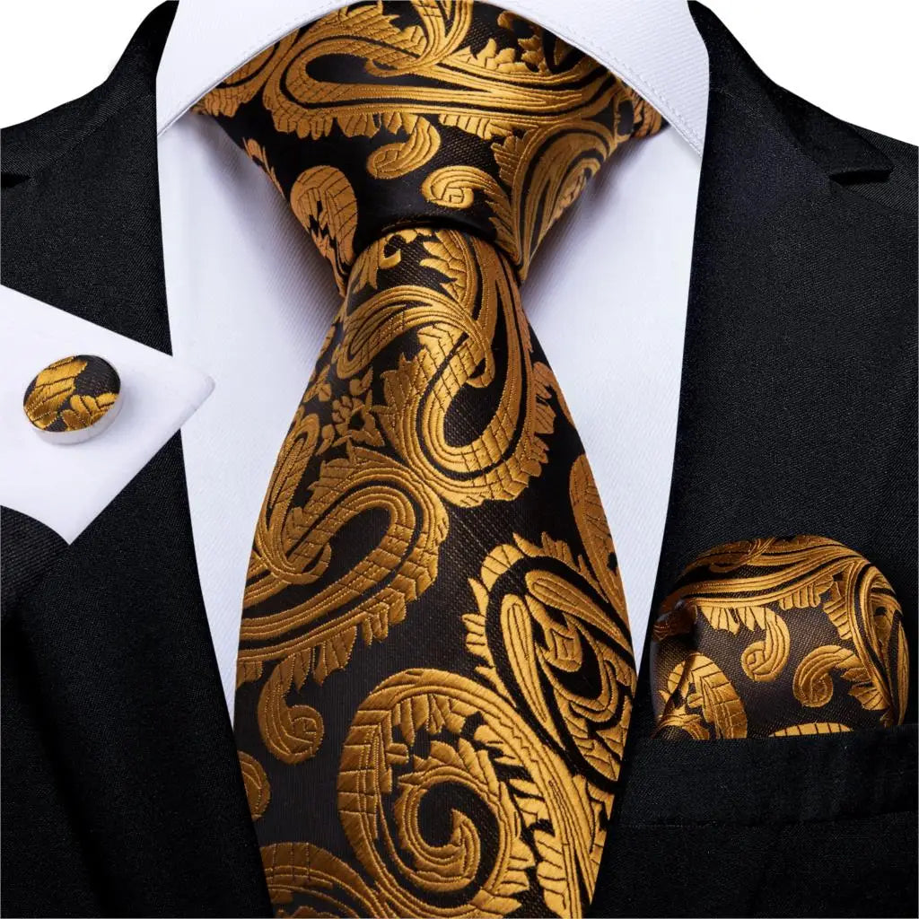 Brand New 2025 Mens Tie 100% Silk Classic Jacquard Woven 8cm Gold Yellow Formal Business Wedding Neck Tie Pocket Square Set Suit Cravat