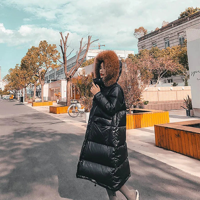 Amazony 2024- 2025 Women Winter Black Loose Long Down Jacket Real Fox Fur Collar Hooded Fashion Waterproof Female Extra Large Coat
