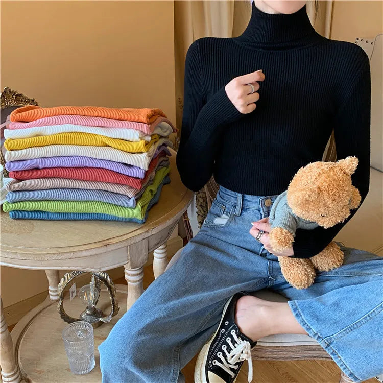 On Sale Autumn Winter 2024 Women Long Sleeve Knitted Foldover Turtleneck Ribbed Pull Sweater Soft Warm Femme Jumper Pullover Clothes
