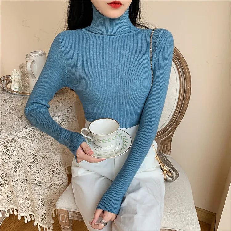 On Sale Autumn Winter 2024 Women Long Sleeve Knitted Foldover Turtleneck Ribbed Pull Sweater Soft Warm Femme Jumper Pullover Clothes