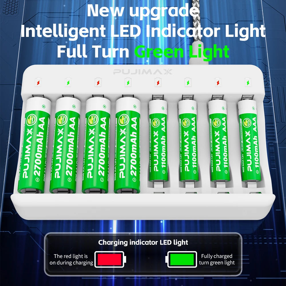 PUJIMAX 8 Slots AA AAA Battery Universal Charger Intelligent Full Turn Light NI-mh Battery Charger with Type-c Charging Port