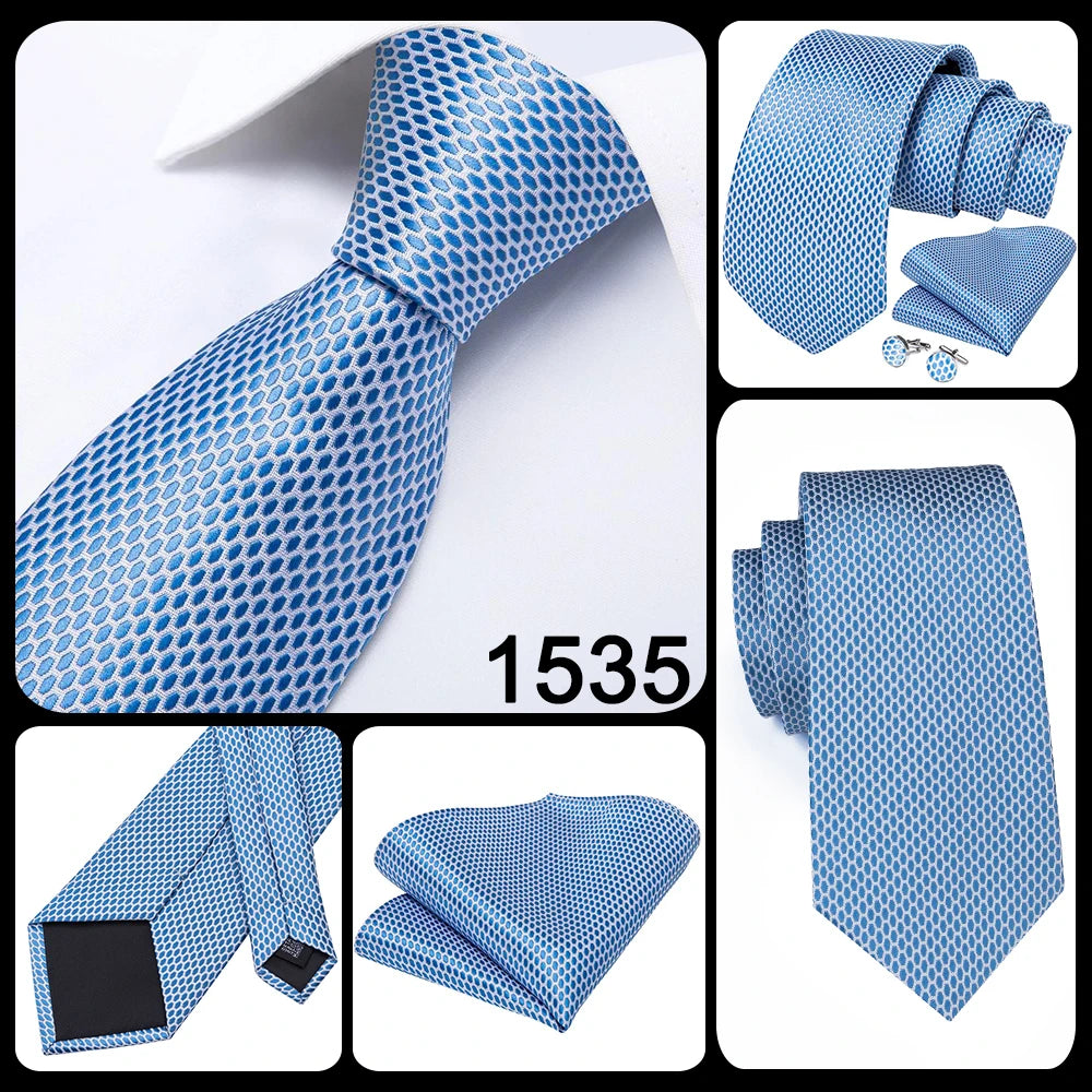 Brand New 2025 Hi-Tie Light Blue Striped Novelty Silk Wedding Tie For Men Handky Cufflinks Nicktie Set Fashion Design Business Party
