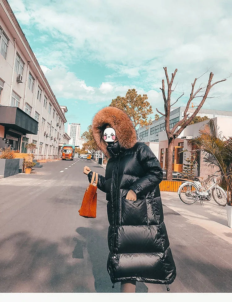 Amazony 2024- 2025 Women Winter Black Loose Long Down Jacket Real Fox Fur Collar Hooded Fashion Waterproof Female Extra Large Coat