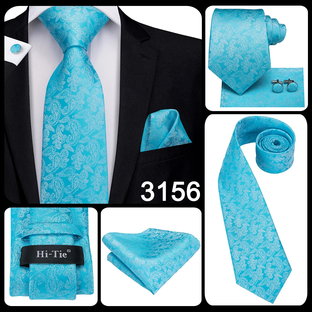 Brand New 2025 Hi-Tie Light Blue Striped Novelty Silk Wedding Tie For Men Handky Cufflinks Nicktie Set Fashion Design Business Party