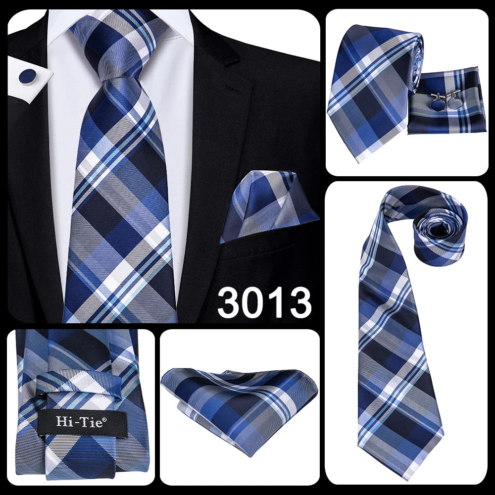 Brand New 2025 Hi-Tie Light Blue Striped Novelty Silk Wedding Tie For Men Handky Cufflinks Nicktie Set Fashion Design Business Party