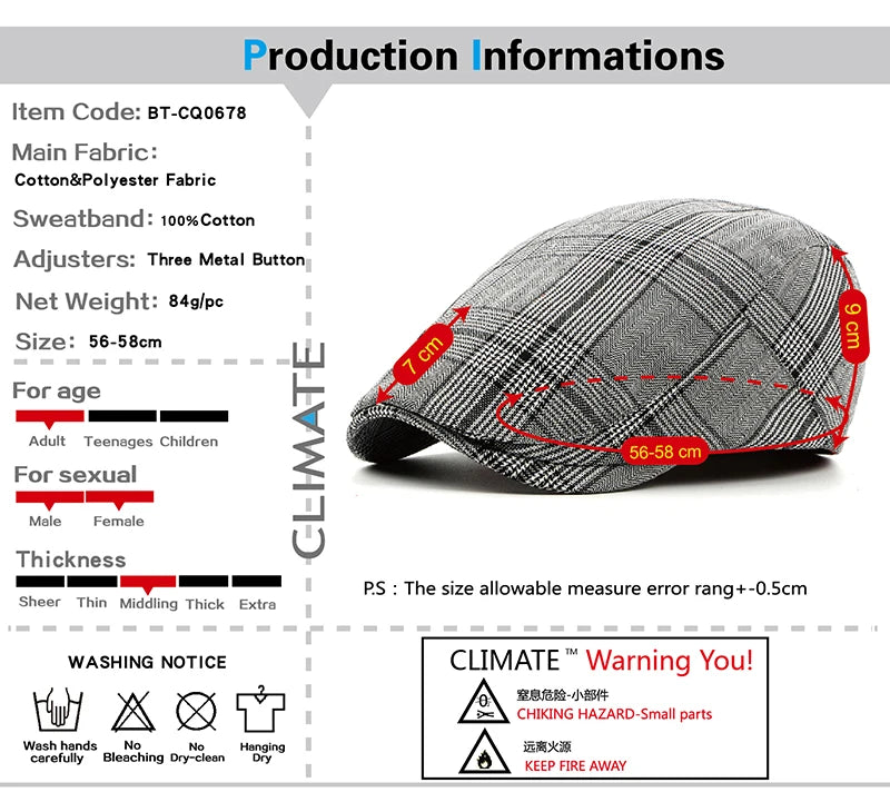 CLIMATE Men Plaid Beret Flat Cap Men Vintage Hat Berets for Men Plaid Casual British Gentleman Beret Retro Flat Caps Beret Hat