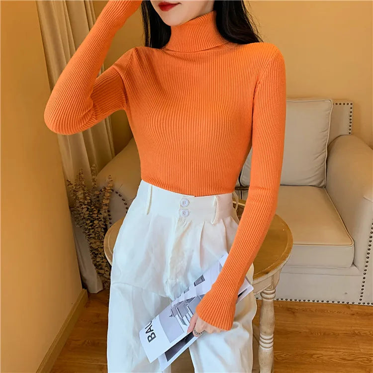 On Sale Autumn Winter 2024 Women Long Sleeve Knitted Foldover Turtleneck Ribbed Pull Sweater Soft Warm Femme Jumper Pullover Clothes