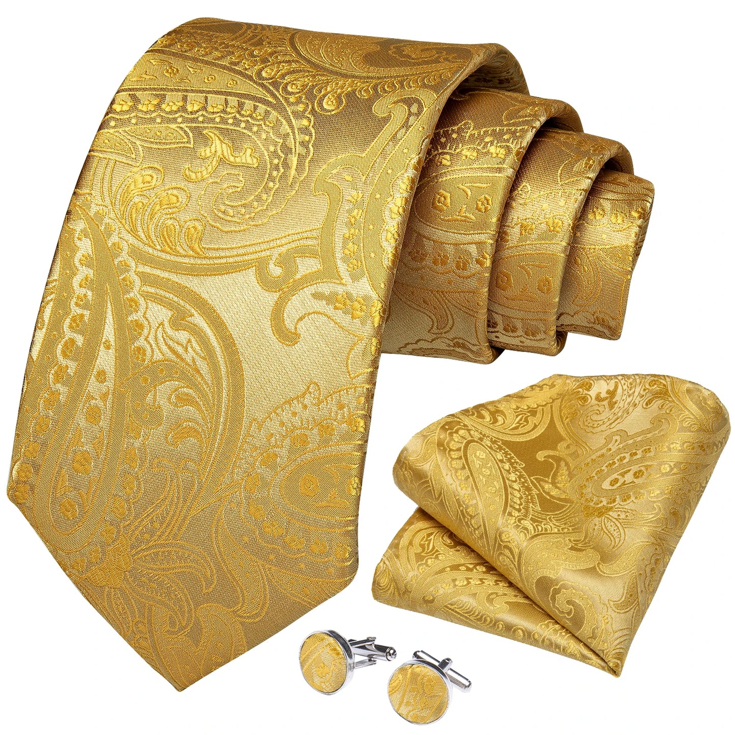Brand New 2025 Mens Tie 100% Silk Classic Jacquard Woven 8cm Gold Yellow Formal Business Wedding Neck Tie Pocket Square Set Suit Cravat