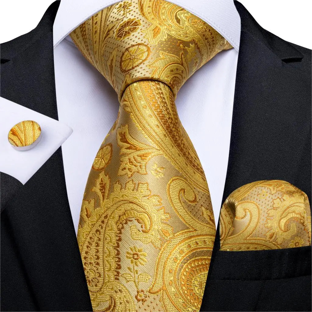 Brand New 2025 Mens Tie 100% Silk Classic Jacquard Woven 8cm Gold Yellow Formal Business Wedding Neck Tie Pocket Square Set Suit Cravat