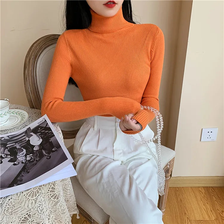 On Sale Autumn Winter 2024 Women Long Sleeve Knitted Foldover Turtleneck Ribbed Pull Sweater Soft Warm Femme Jumper Pullover Clothes