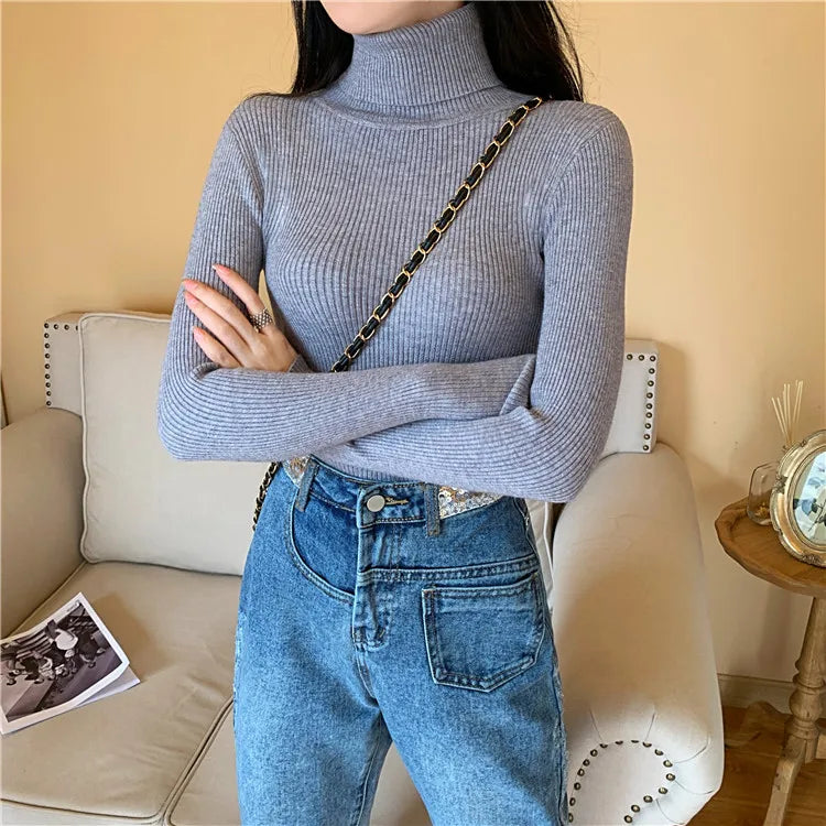 On Sale Autumn Winter 2024 Women Long Sleeve Knitted Foldover Turtleneck Ribbed Pull Sweater Soft Warm Femme Jumper Pullover Clothes