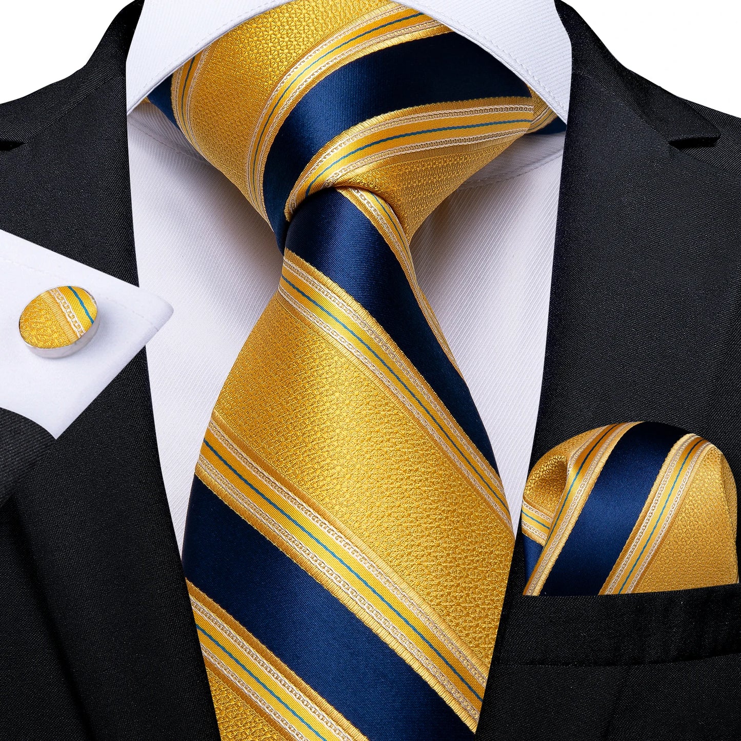 Brand New 2025 Mens Tie 100% Silk Classic Jacquard Woven 8cm Gold Yellow Formal Business Wedding Neck Tie Pocket Square Set Suit Cravat