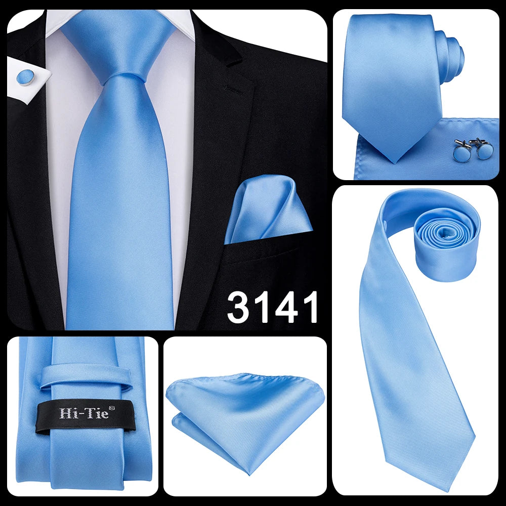 Brand New 2025 Hi-Tie Light Blue Striped Novelty Silk Wedding Tie For Men Handky Cufflinks Nicktie Set Fashion Design Business Party