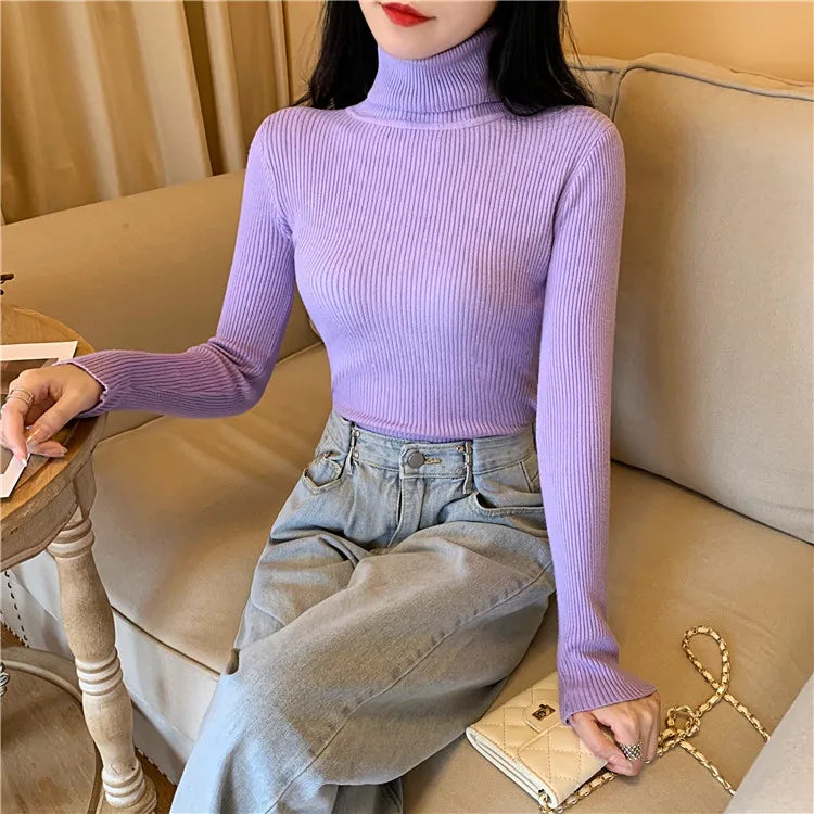 On Sale Autumn Winter 2024 Women Long Sleeve Knitted Foldover Turtleneck Ribbed Pull Sweater Soft Warm Femme Jumper Pullover Clothes