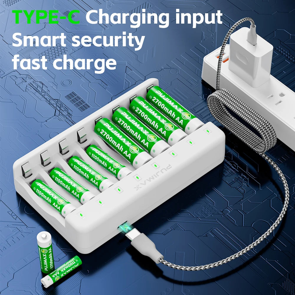 PUJIMAX 8 Slots AA AAA Battery Universal Charger Intelligent Full Turn Light NI-mh Battery Charger with Type-c Charging Port