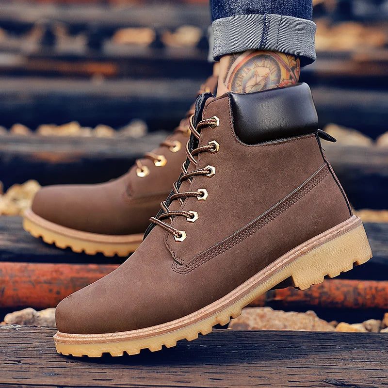 TINTINOS Winter Brown High Top Ankle Boots Men Outdoor Waterproof Leather Mens Motorcycle Boots Keep Warm Men's Work Boots Plus Size 46