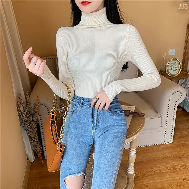 On Sale Autumn Winter 2024 Women Long Sleeve Knitted Foldover Turtleneck Ribbed Pull Sweater Soft Warm Femme Jumper Pullover Clothes