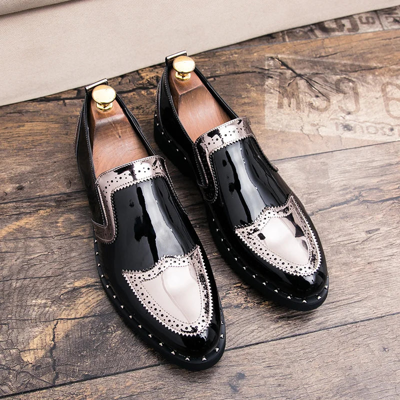 38-48/6.5-14 Golden Upper Patent Leather Dress Shoes Oxford Fashion Slip on Men Loafers Shoes