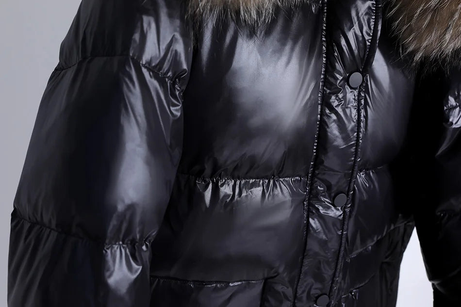 Amazony 2024- 2025 Women Winter Black Loose Long Down Jacket Real Fox Fur Collar Hooded Fashion Waterproof Female Extra Large Coat