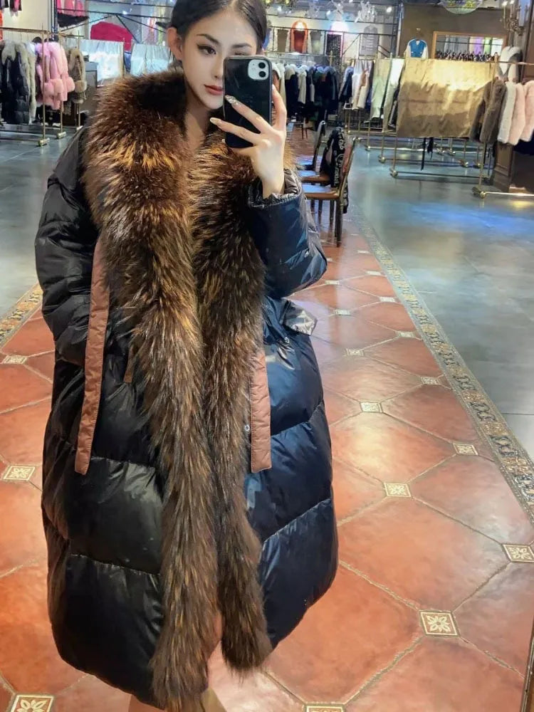 2024 - 2025 New Natural Real Fox Fur Long White Duck Down Jacket Winter Women Warm Loose Coat Thick Outerwear Streetwear