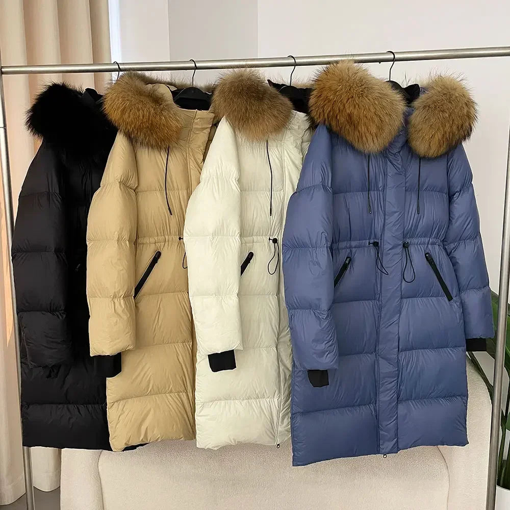 2024 - 2025 Winter New White Duck Down Real Fox Fur Real Raccoon Fur Long Hooded Coat Women Slim Warm Jacket Female Casual Fashion