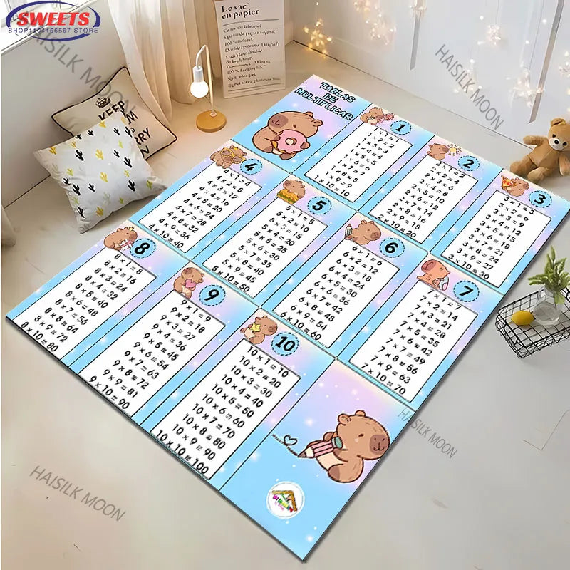 1PC Cute Capibara Pattern Multiplication Table 1 To 12 Carpets, Rugs for Home Kids Room, Early Childhood Education Non-slip Mat