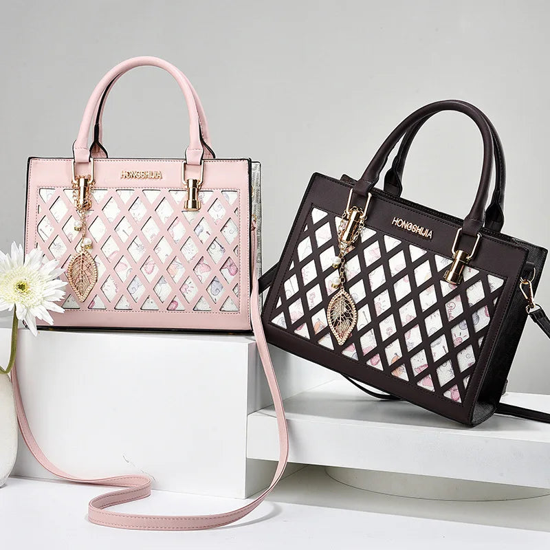 AMAZONY 2024 New Hollow Women's Bag Leather Handbag One Shoulder Bags Large Capacity Women's Bag Women's Cross Body Bag Bolsa Feminina