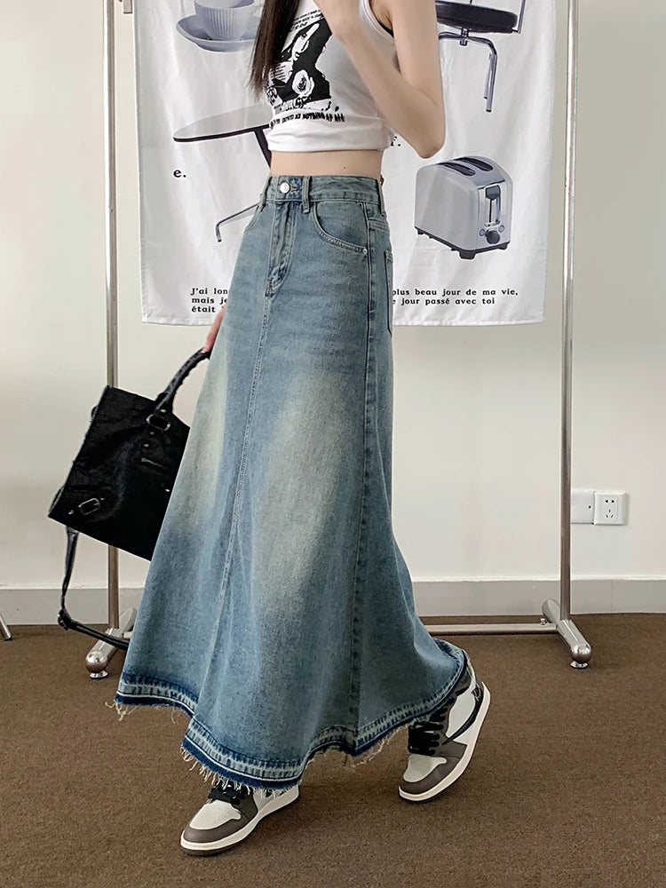 REDDACHiC Y2k Stitch Long Denim Skirt Blue Plain High Waist Midi Maxi Jeans Skirt USA Dongdaemun Women 90s Vintage Streetwear