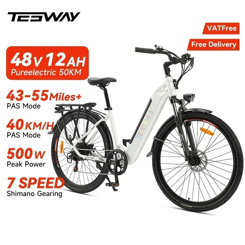 2025 NEW TESWAY Electric Bike 500W Motor 48V 12AH Battery 27.5*2.4-inch Tires 40km/h Max Speed 90km Range Mechanical Disc Brakes