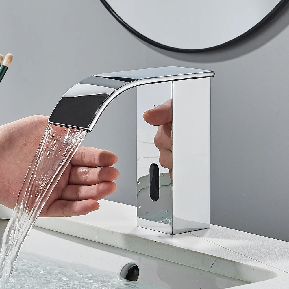 Rozin Black Smart Sensor Bathroom Basin Faucet Touchless Automatic Sense Mixer Tap Waterfall Hot Cold Water Washbasin Crane FREE SHIPPING